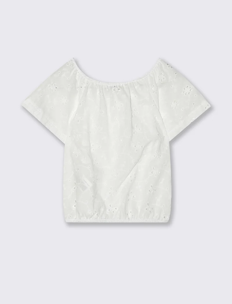 T-shirt mezza manica in pizzo san gallo. - Bianco