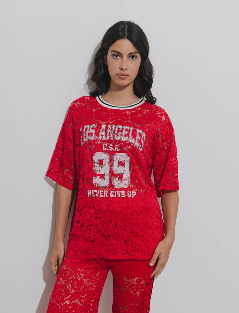 Tshirt in pizzo con stampa sul davanti - Rosso