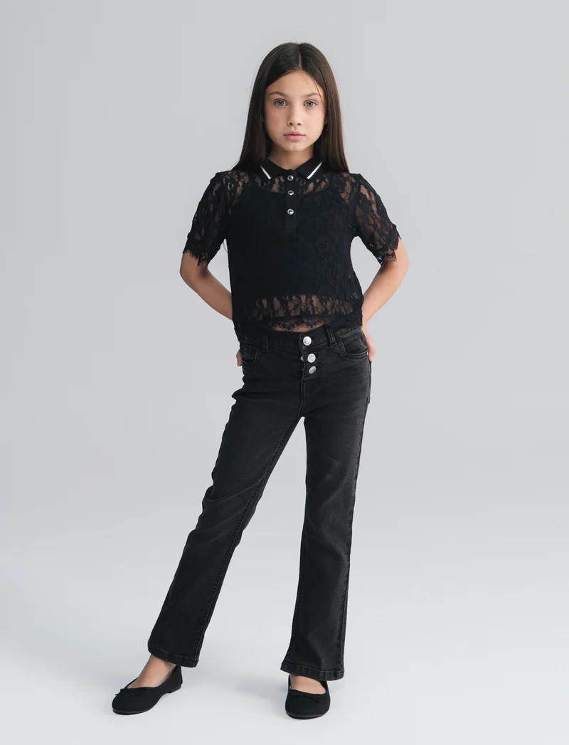 T-shirt polo doppio strato in pizzo - Nero