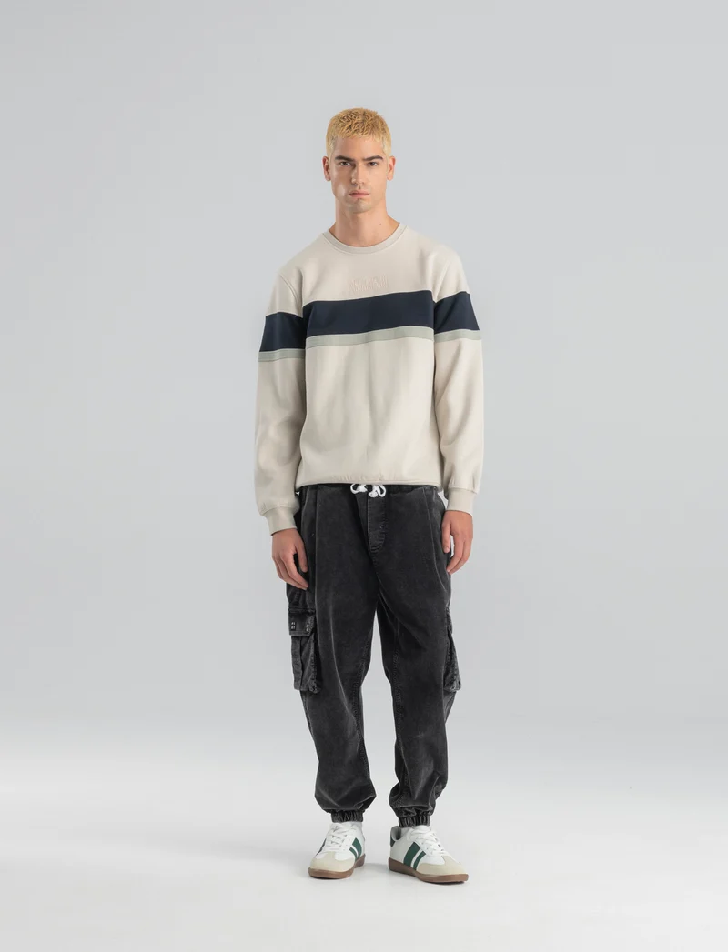 FELPA CON RICAMO E FASCIA CONTRASTO - Grigio ghiaccio