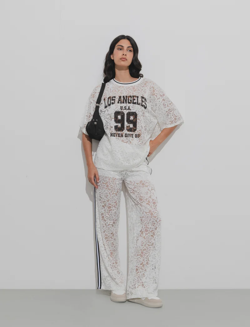Pantalone in pizzo con bande laterali - Bianco