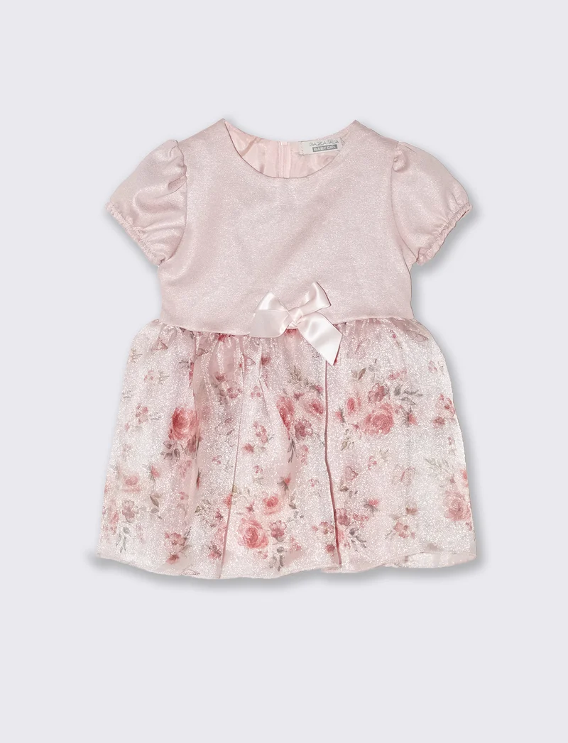 Abito elegante da neonata in tessuto effetto lamè fantasia floreale. - Rosa