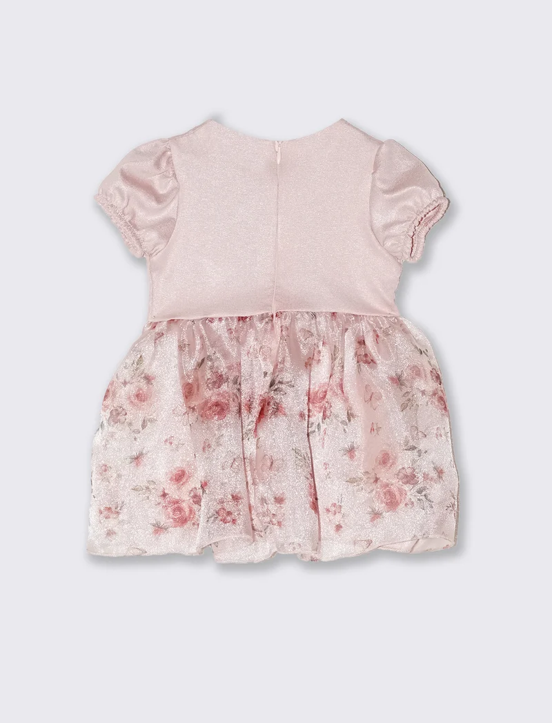 Abito elegante da neonata in tessuto effetto lamè fantasia floreale. - Rosa