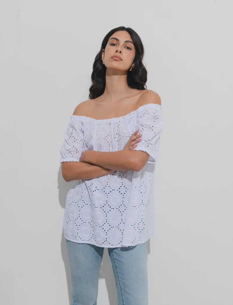 T-shirt in pizzo sangallo - Bianco