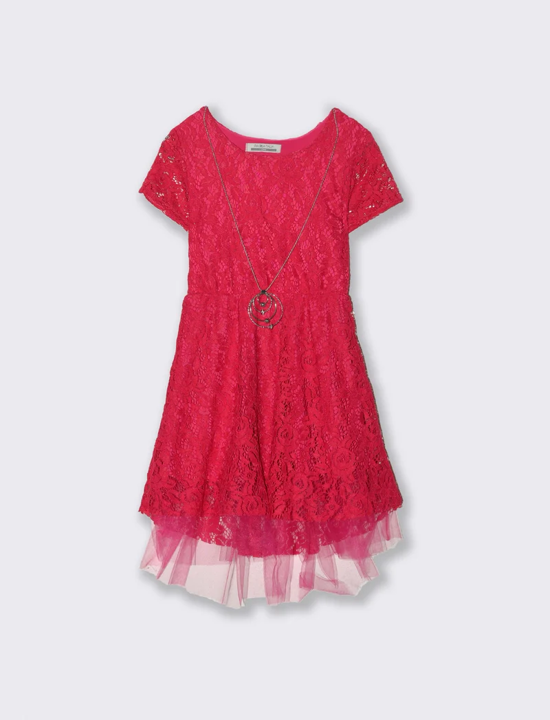 Abito da bambina svasato con balza in tulle - Fuxia