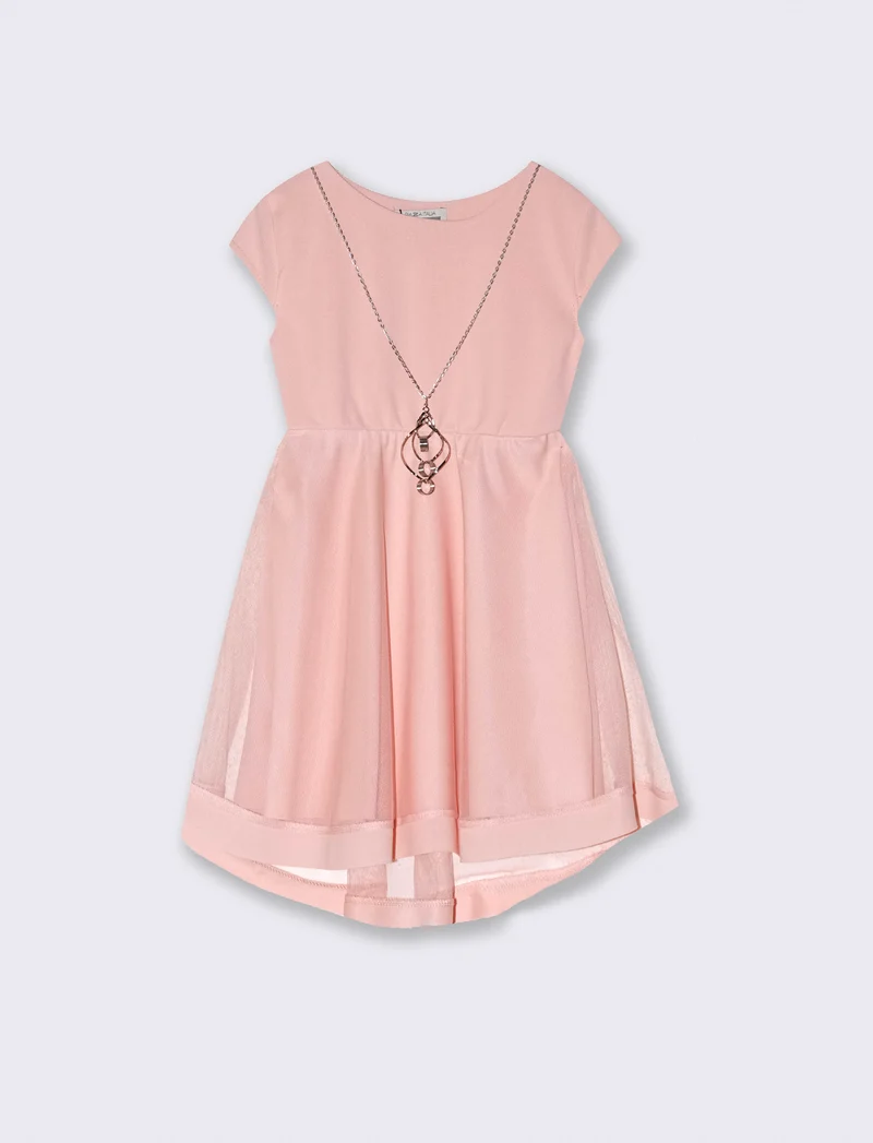 Abito da bambina svasato con balza in tulle - Rosa