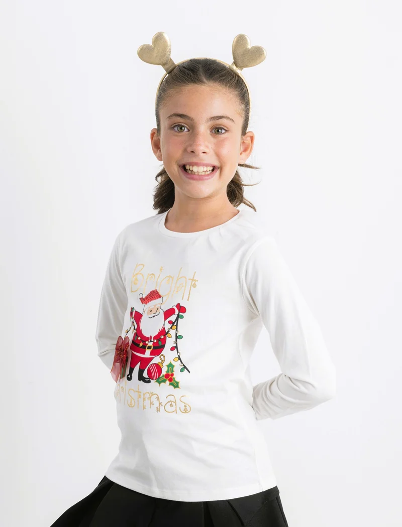 T-shirt natalizia a manica lunga. - Bianco latte