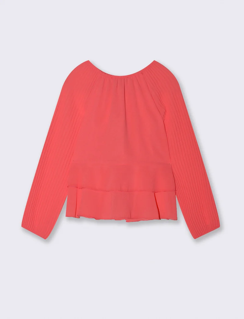 Blusa da bambina con maniche plissé. - Corallo