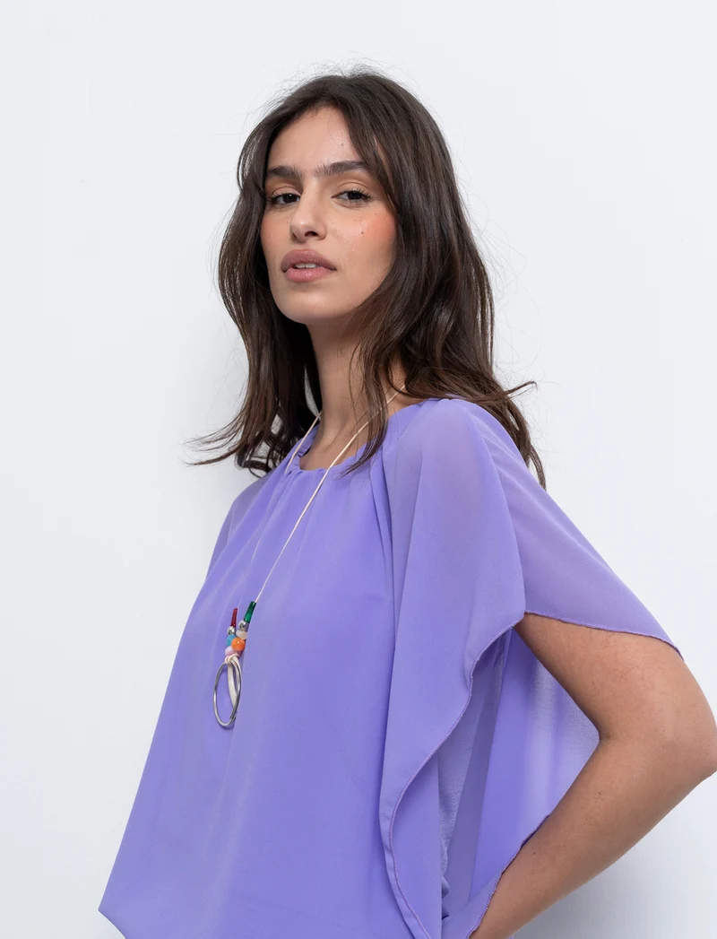 Casacca smanicata in tessuto leggero con collana - Lilla