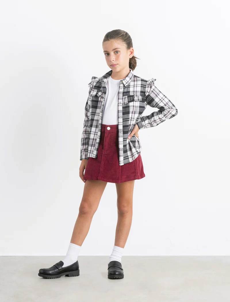 Camicia manica lunga in flanella con rouches. - Nero