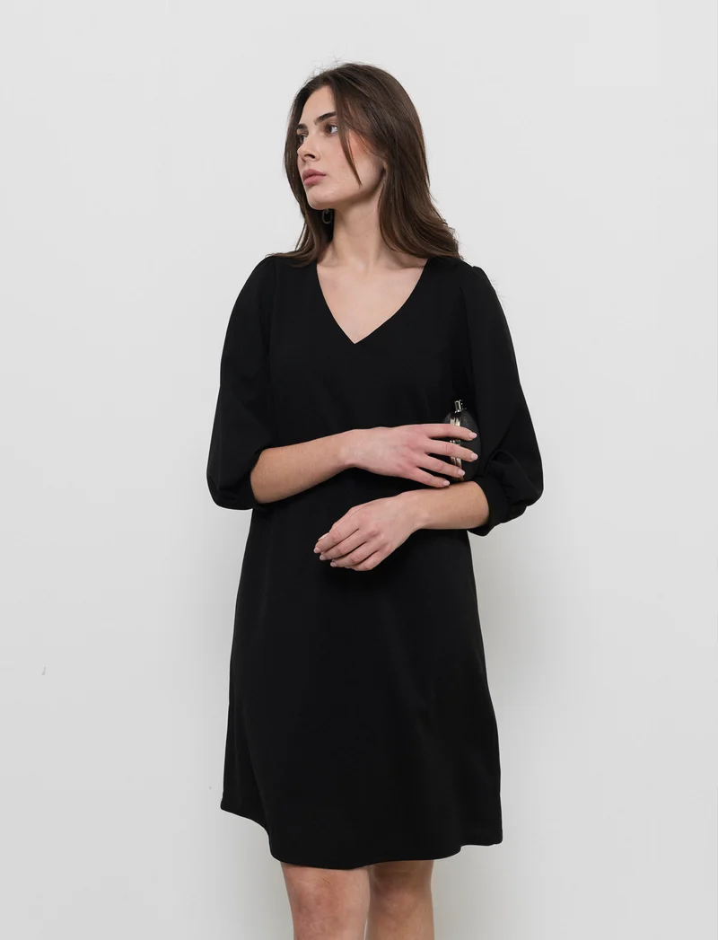 Vestito con maniche a sbuffo 3/4 e scollo a V - Nero