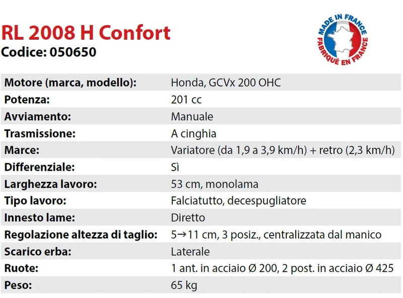Falciatutto 050650 Motore Honda ROQUES ET LECOEUR RL 2008 H Confort 3 Ruote , raggio zero