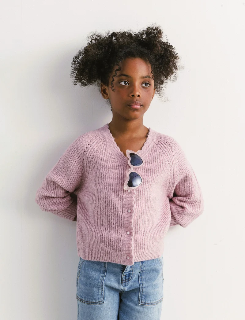 Cardigan manica raglan in morbida maglieria con filato metallizzato. - Rosa