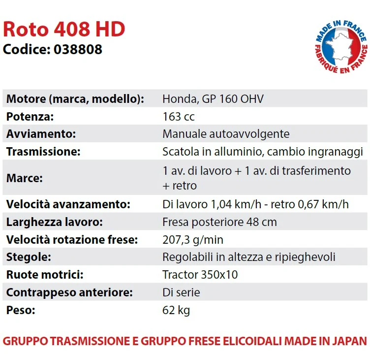 Motocoltivatore a scoppio PUBERT 038808 ROTO 408 HD Motore Honda
