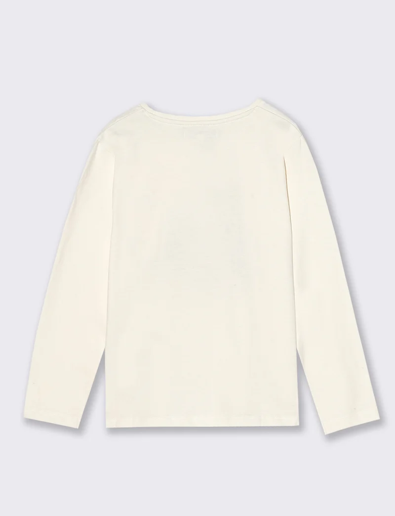 T-Shirt manica lunga in cotone dalla mano pesca con stampa e fiocchi applicati. - Bianco sporco