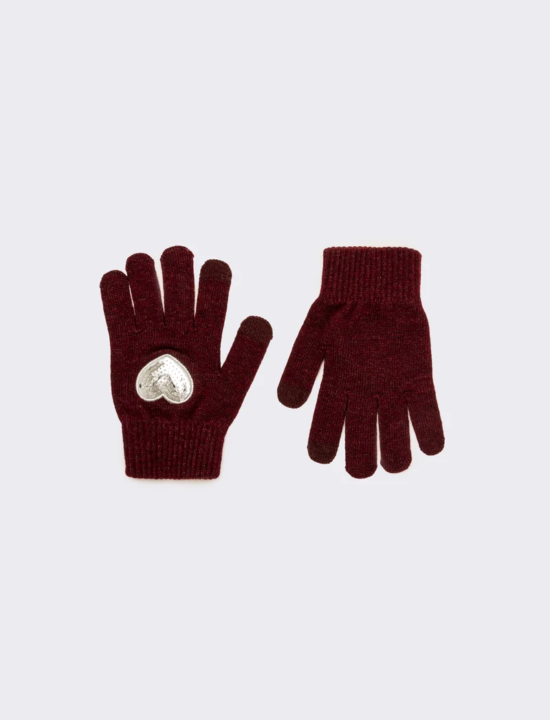 Guanti bambina con cuore paillettes - Bordeaux