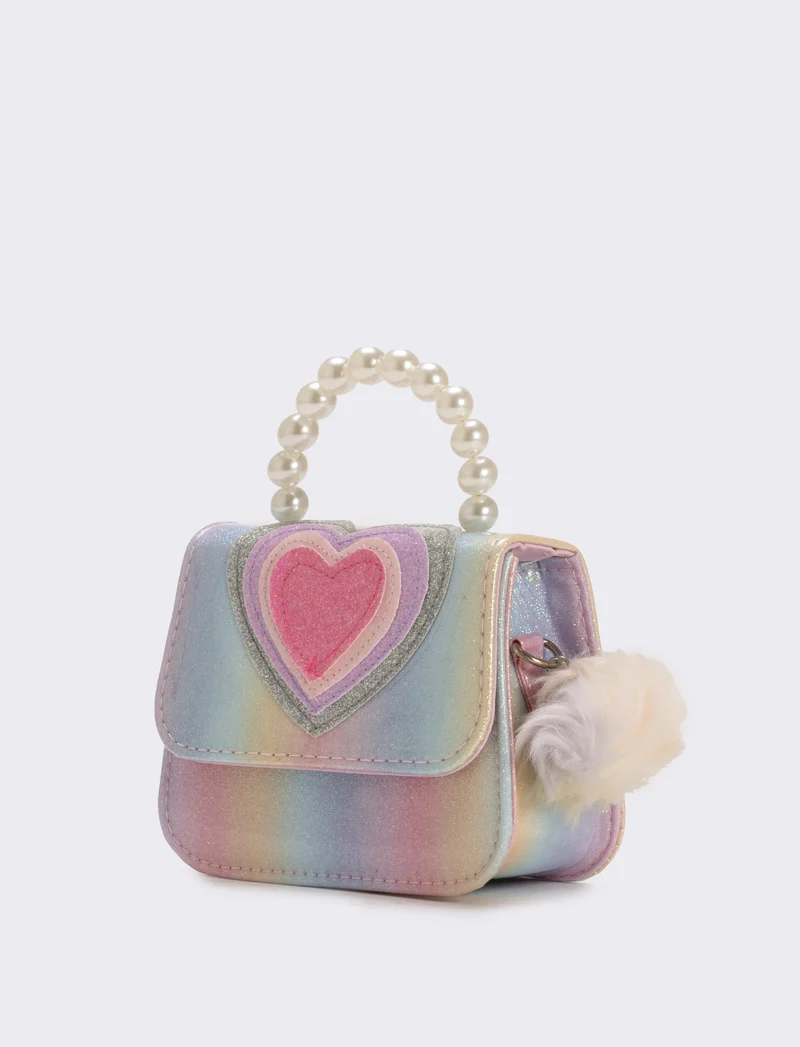 Borsa bambina tracollina con patta e manico in perle - Rosa