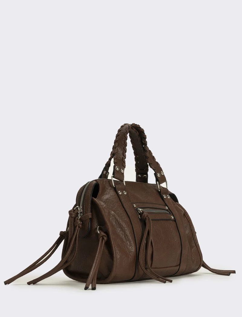 Bauletto con manici intrecciati e tirazip lunghi - Marrone