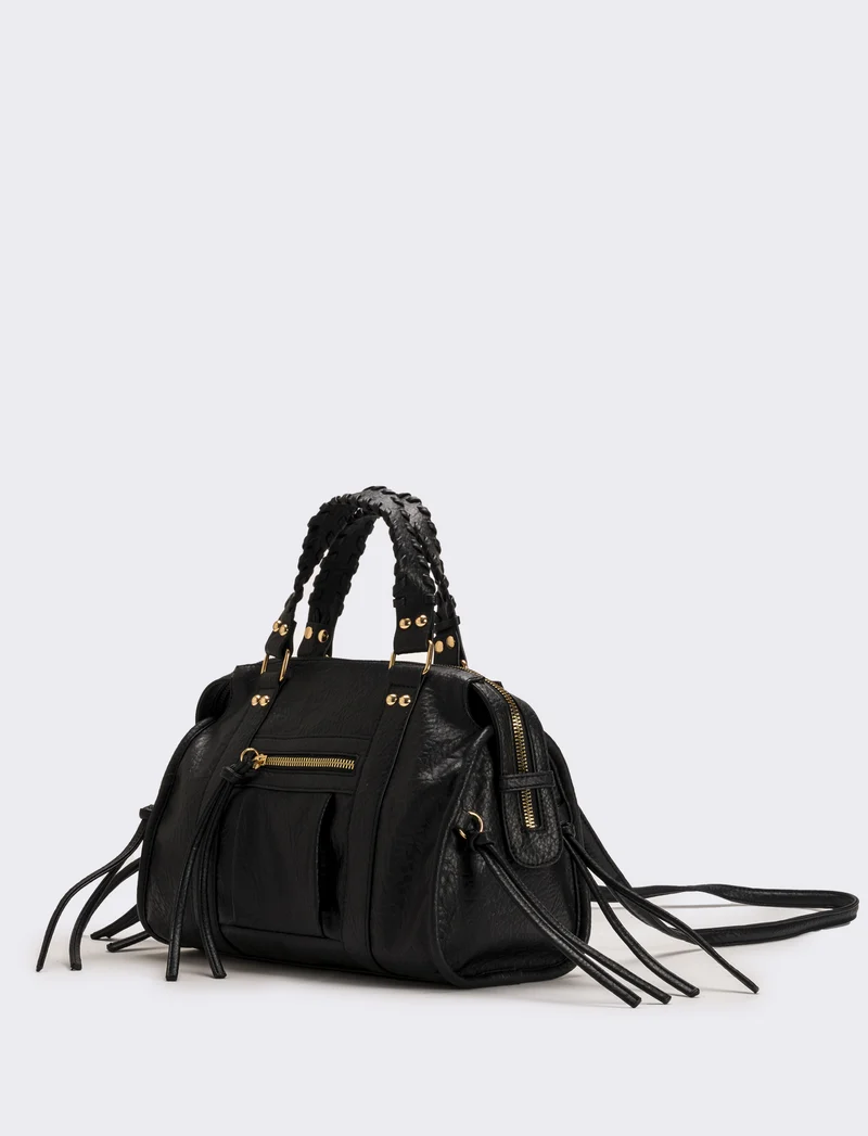Bauletto con manici intrecciati e tirazip lunghi - Nero