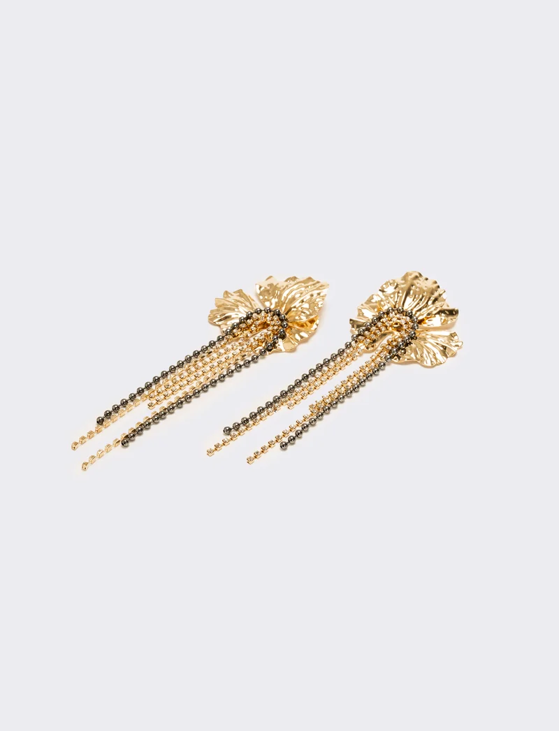 Orecchini fiori grandi con fili strass - Oro