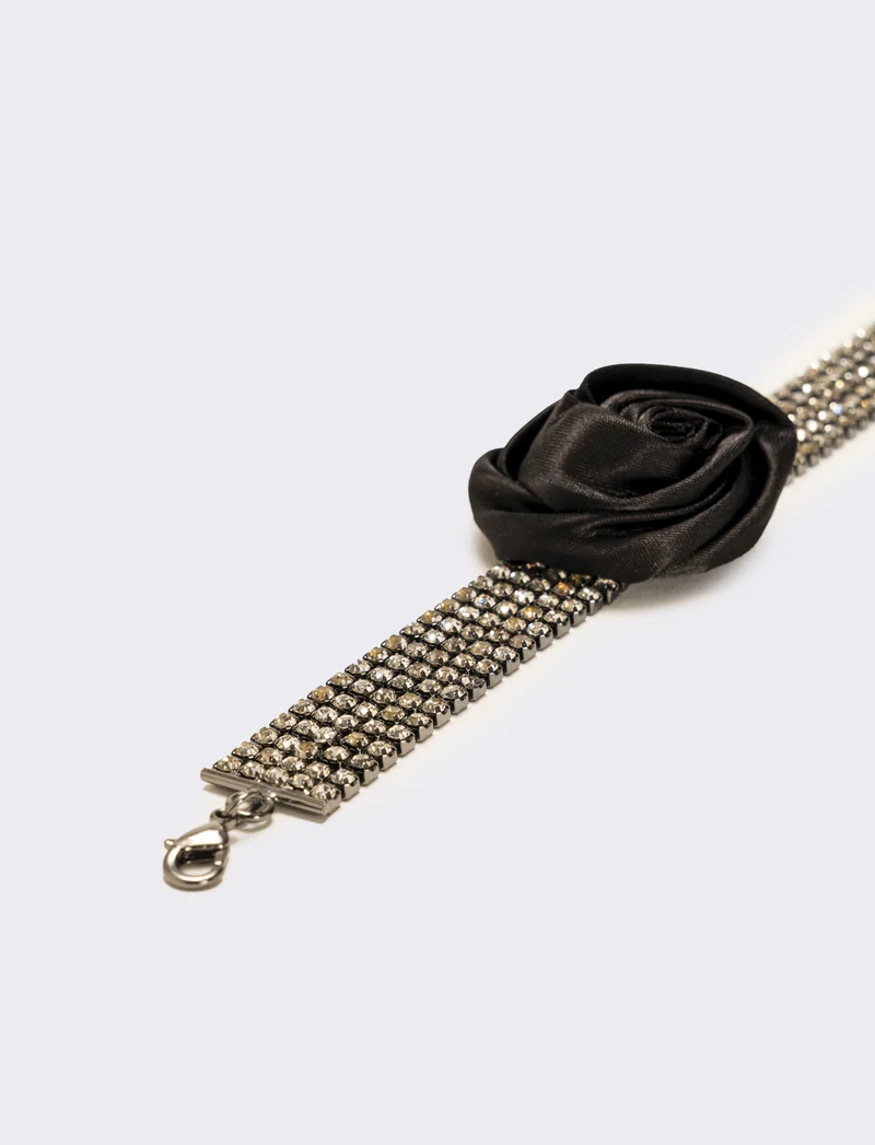 Bracciale strass e rosa in tessuto - Nero