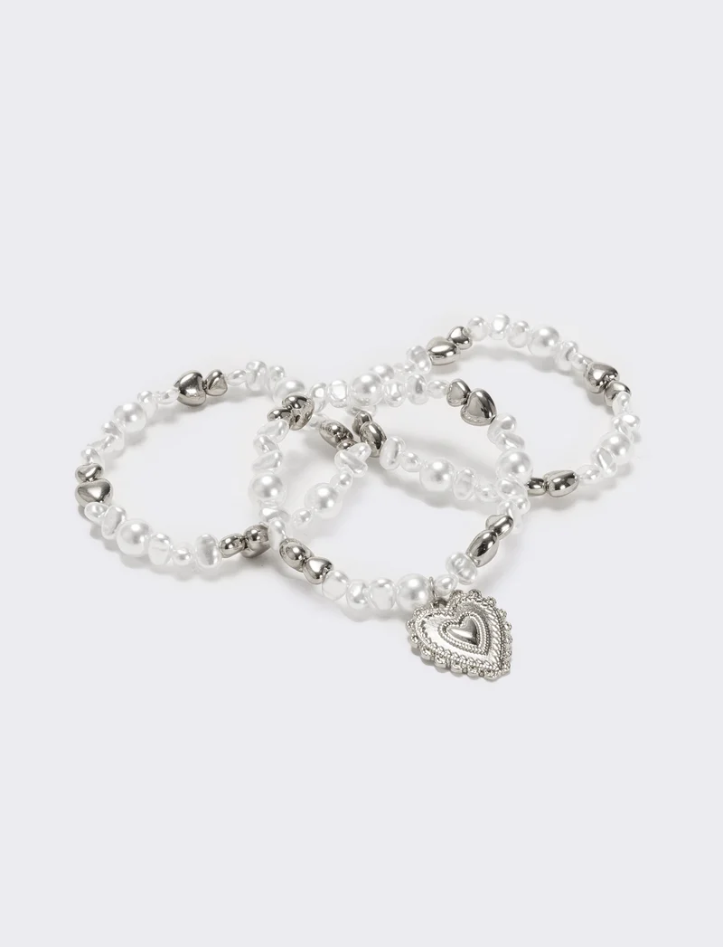 Bracciale tre fili perline elastico - Argento