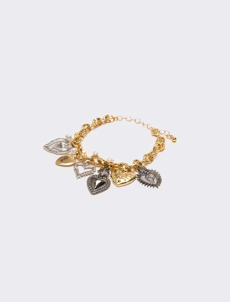 Bracciale con cuoricini strass e perline - Multicolore