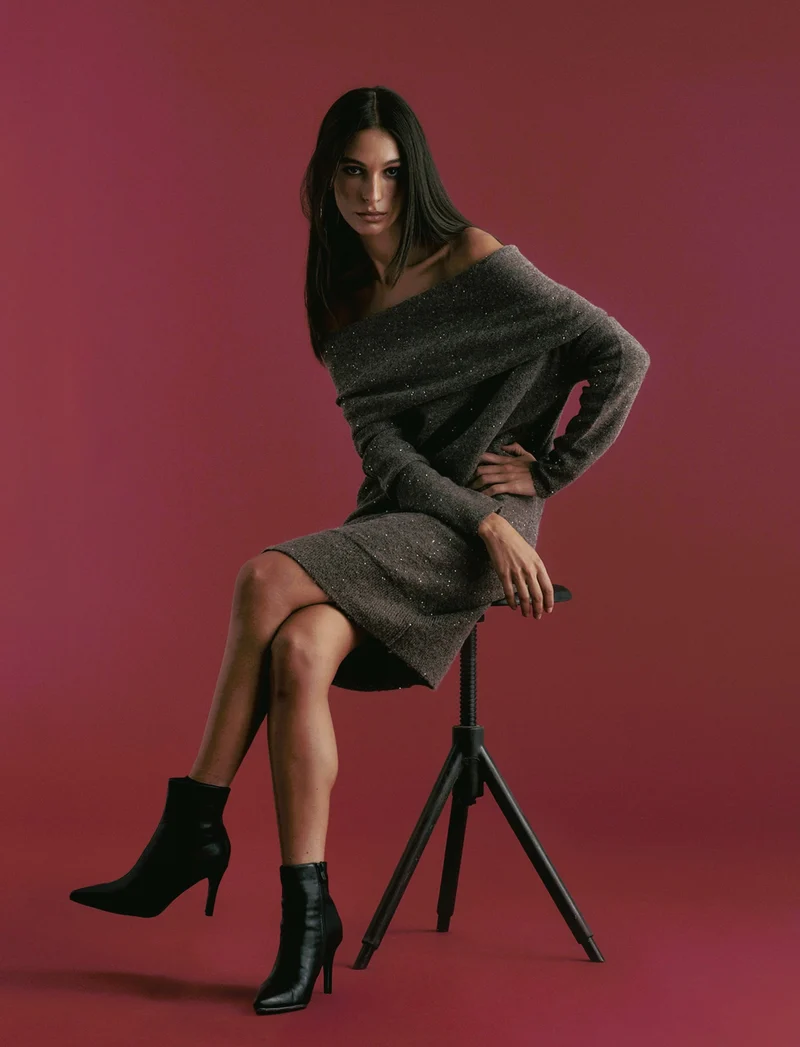 VESTITO OFF SHOULDER - Grigio tortora