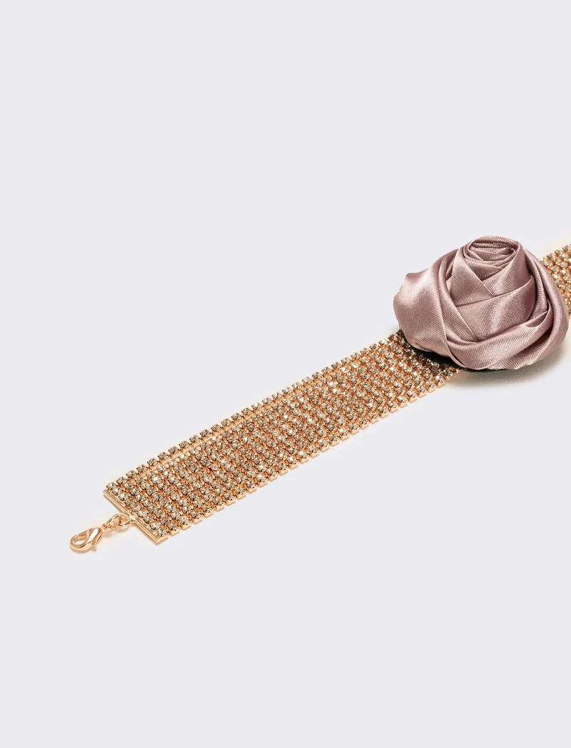 Collana chocker con strass e rosa in tessuto - Rosa