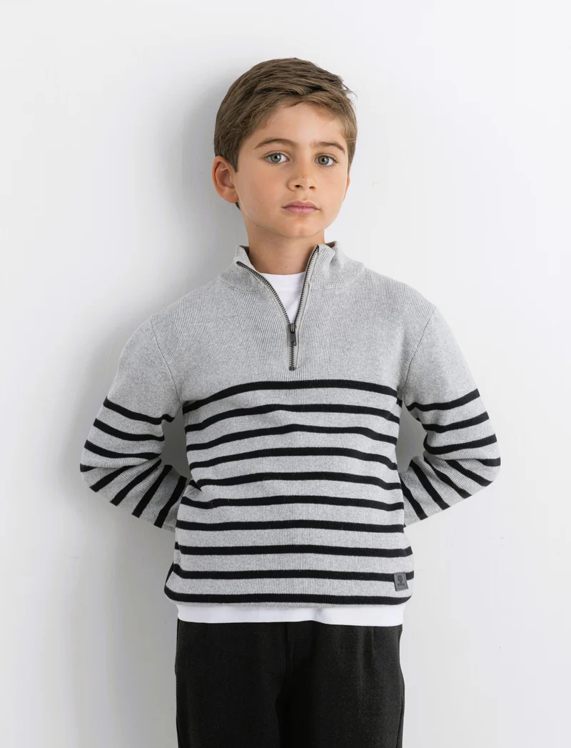 Maglia collo rigato - Grigio mel.