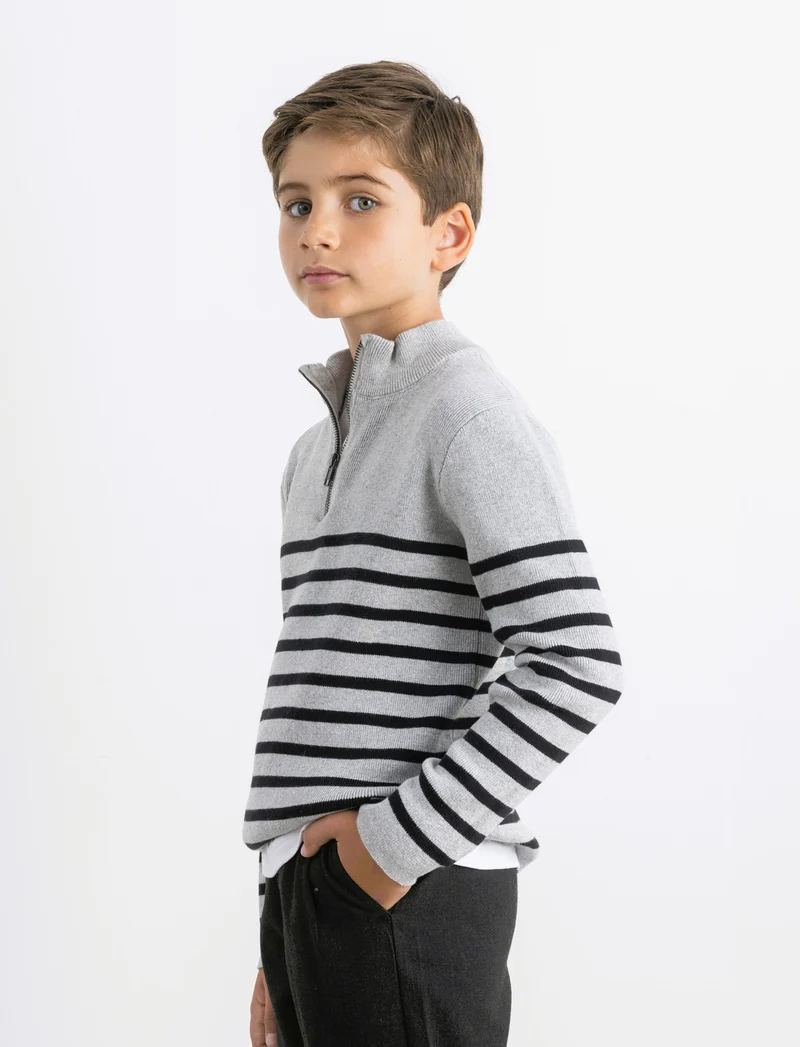 Maglia collo rigato - Grigio mel.