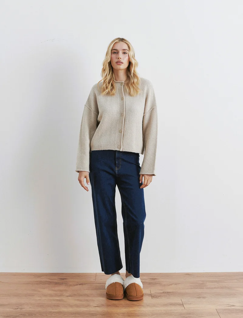 CARDIGAN CON BOTTONI EFFETTO TARTARUGATO - Beige grano