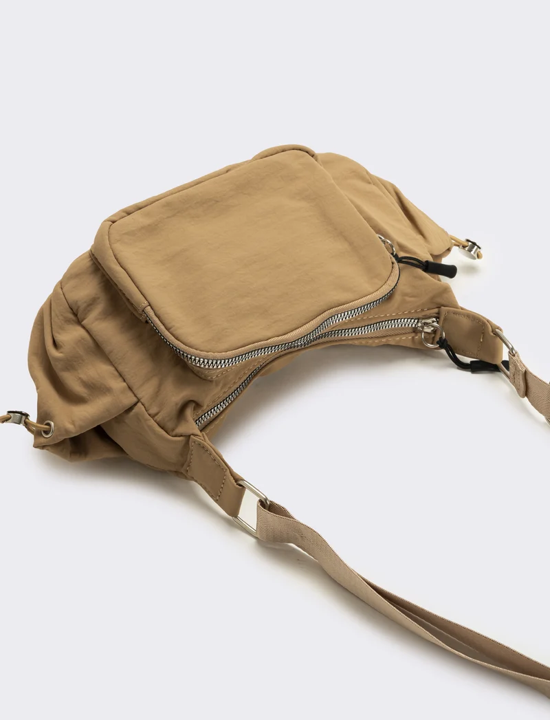 Tracolla donna in nylon con tasche - Beige