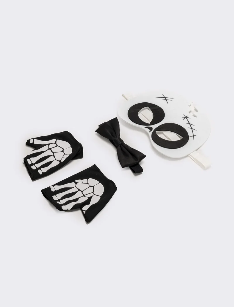 Set halloween bambino mascherina,guanto e papillon con teschio - Bianco-nero