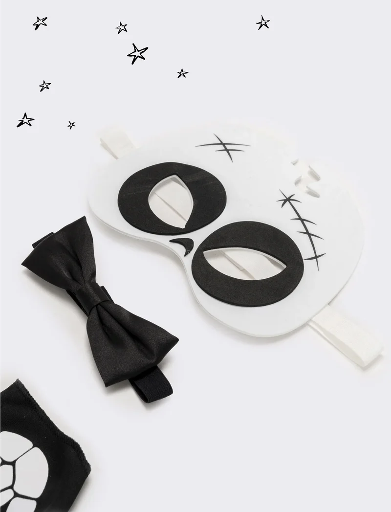 Set halloween bambino mascherina,guanto e papillon con teschio - Bianco-nero