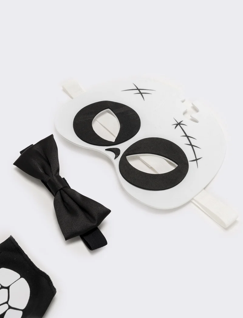 Set halloween bambino mascherina,guanto e papillon con teschio - Bianco-nero