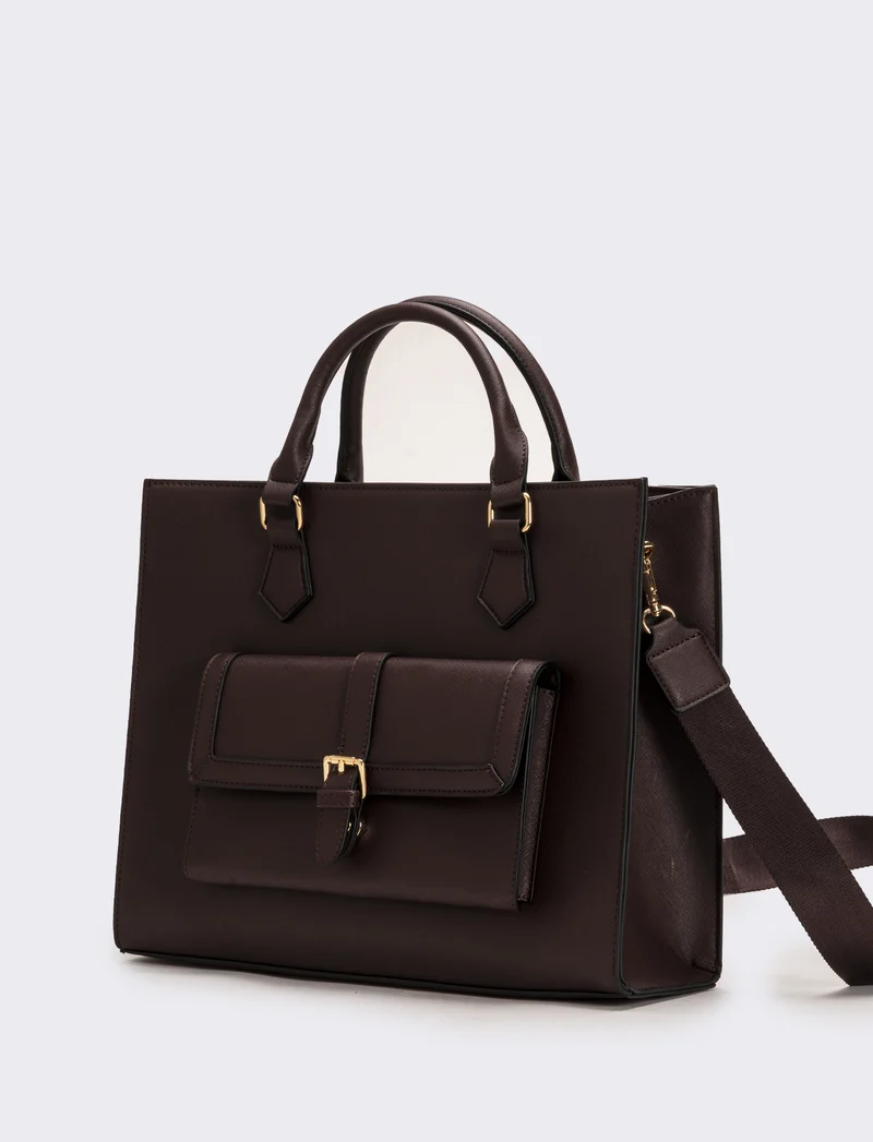 Borsa con tasca grande e tracolla in saffiano donna - Moro