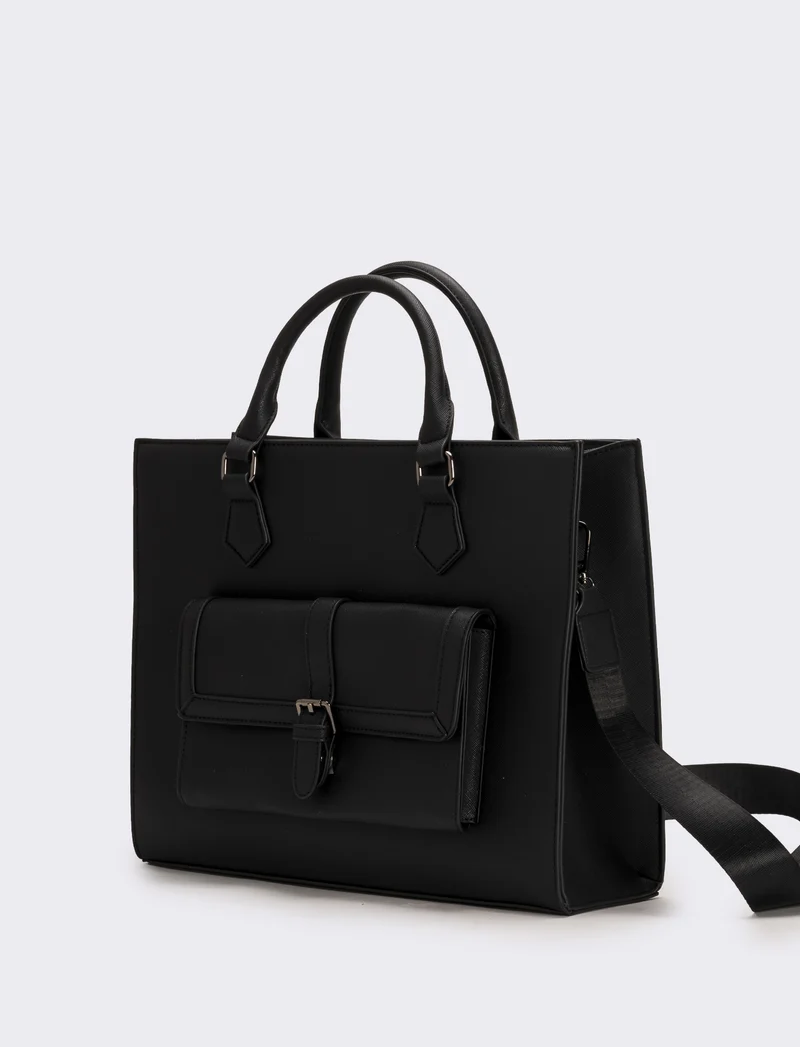 Borsa con tasca grande e tracolla in saffiano donna - Nero
