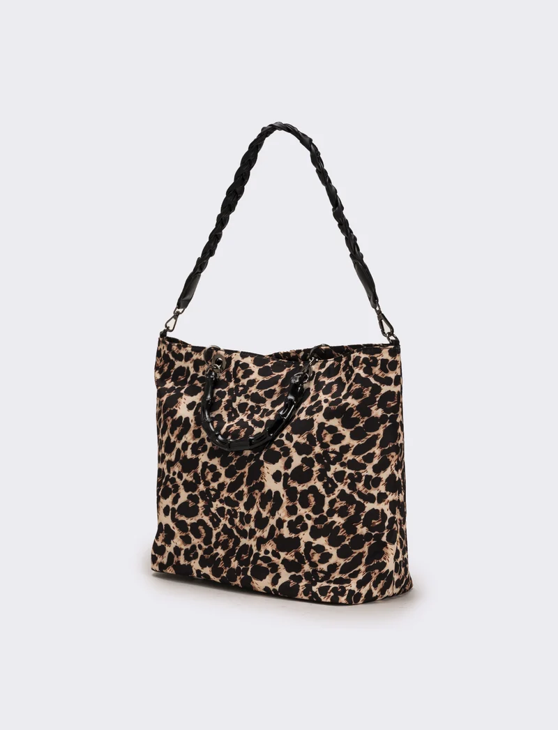 Borsa shopping nylon donna con manici bamboo - Leopardato