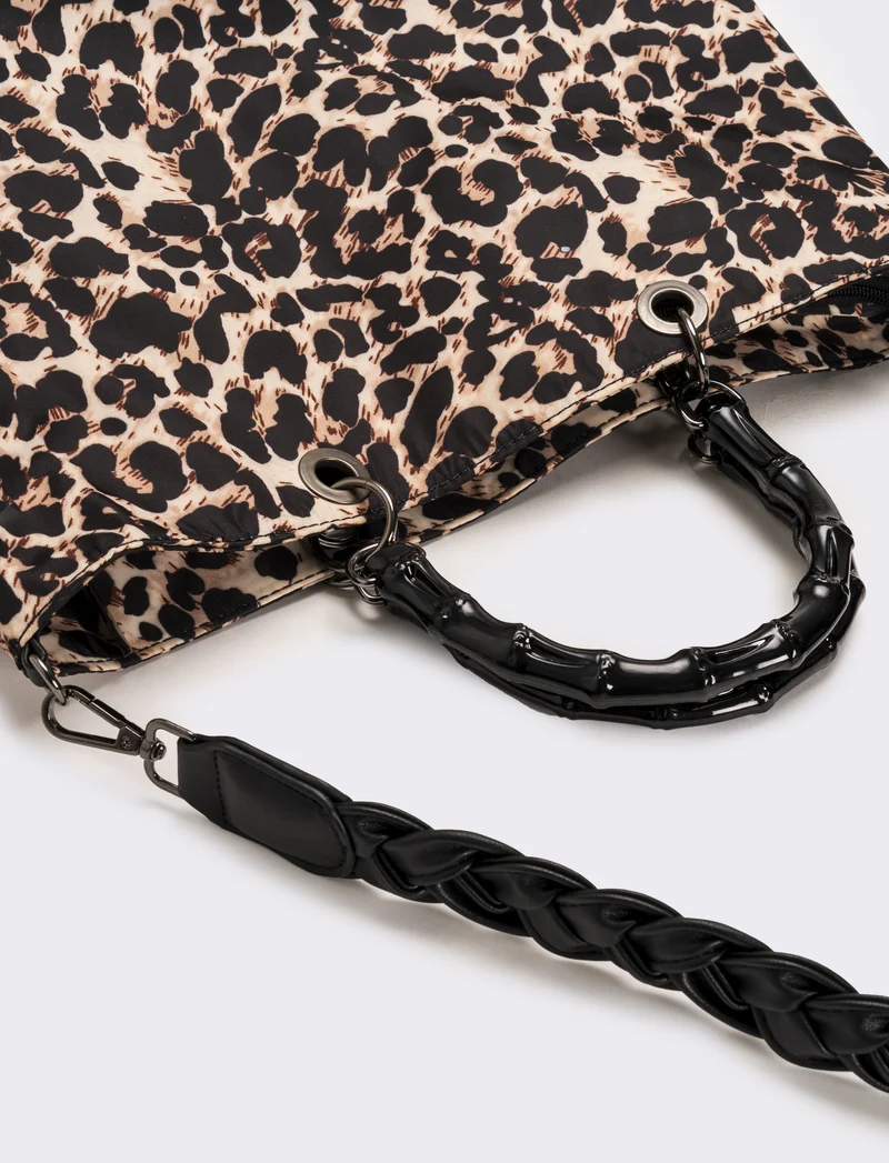 Borsa shopping nylon donna con manici bamboo - Leopardato