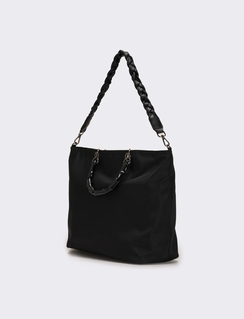 Borsa shopping nylon donna con manici bamboo - Nero