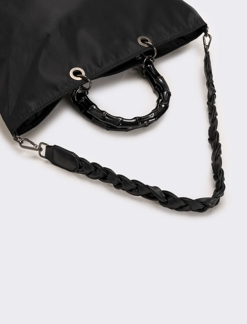 Borsa shopping nylon donna con manici bamboo - Nero