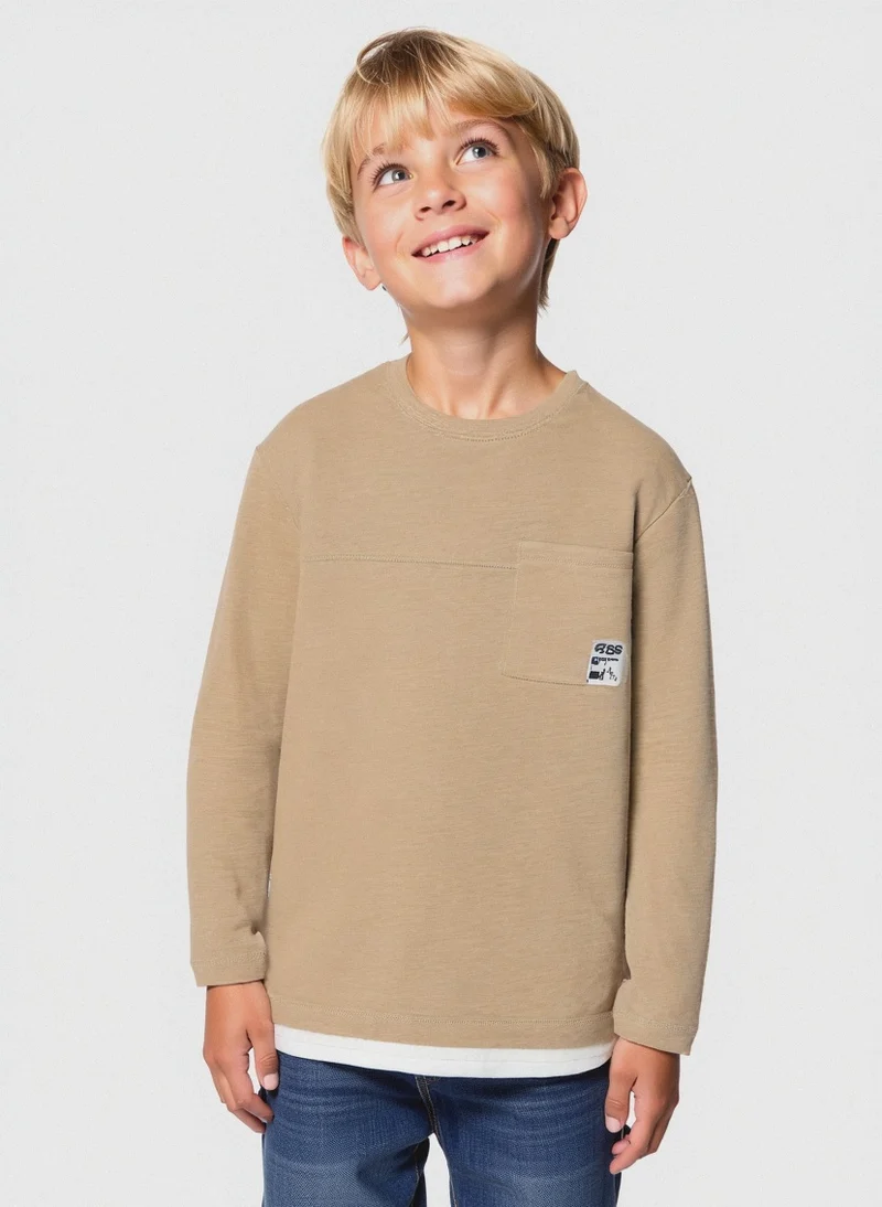 MAGLIETTA IN COTONE SLUB CON TASCHINO - Beige