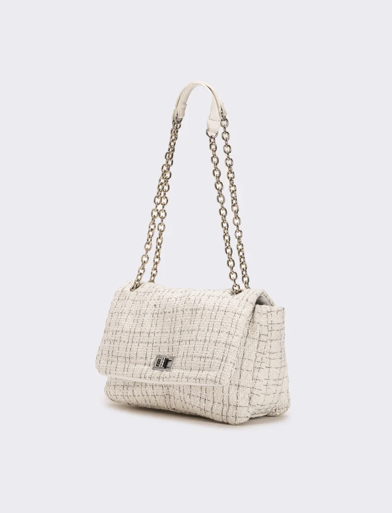 Borsa donna in tessuto con patta e catena infilata - Bianco