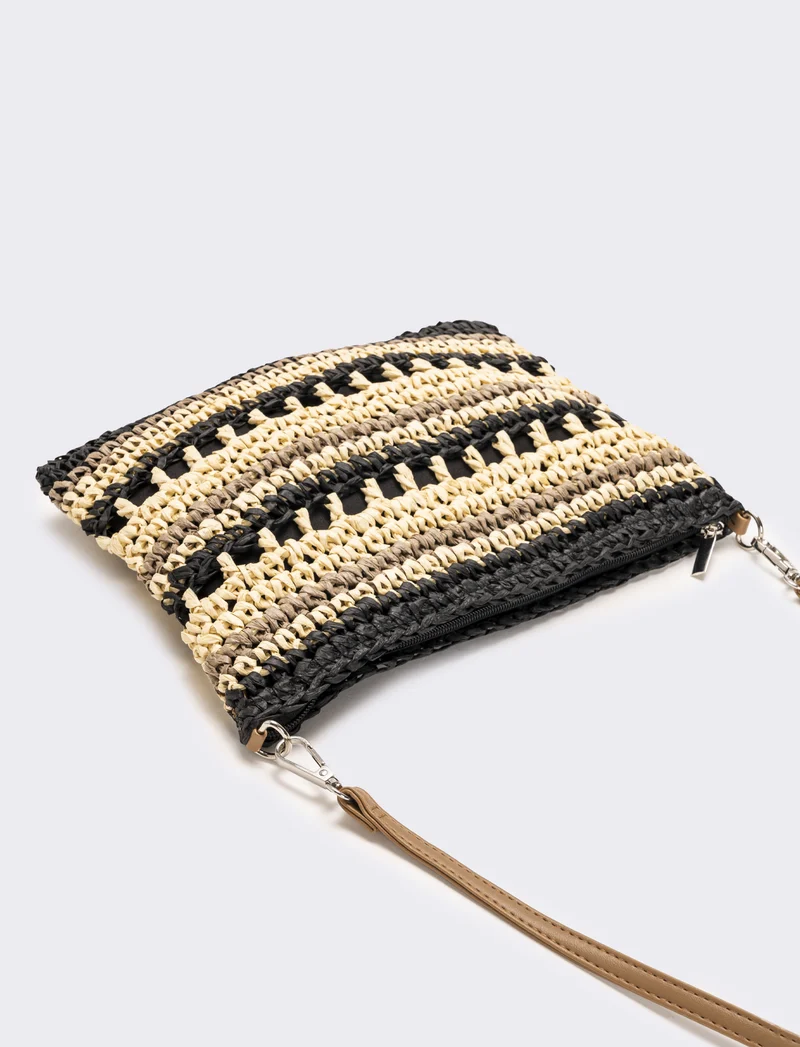 Tracolla donna in raffia righe - Nero