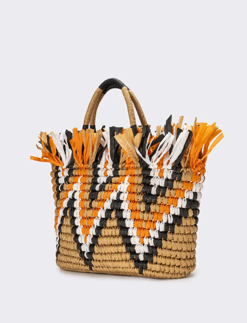 Shopper donna zig zag con frange in raffia - Arancio