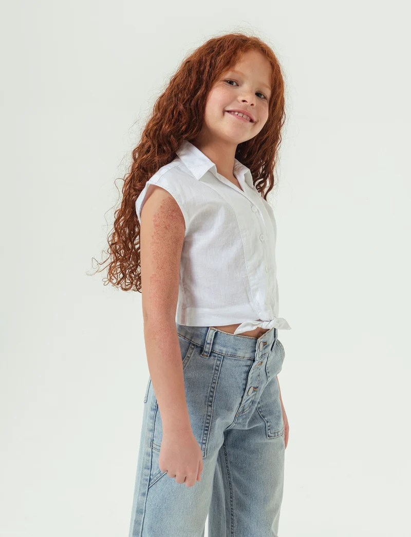 Camicia giromanica con fiocco da bambina - Bianco