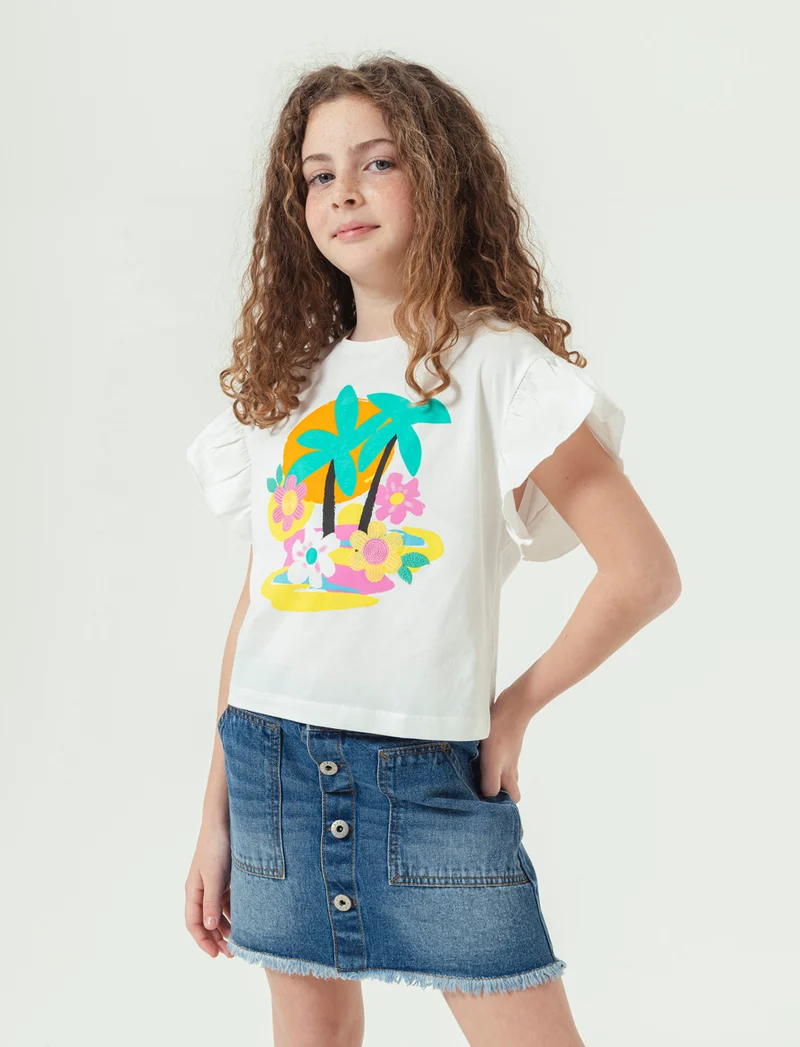 T-shirt estiva con stampa e ricamo da bambina - Bianco