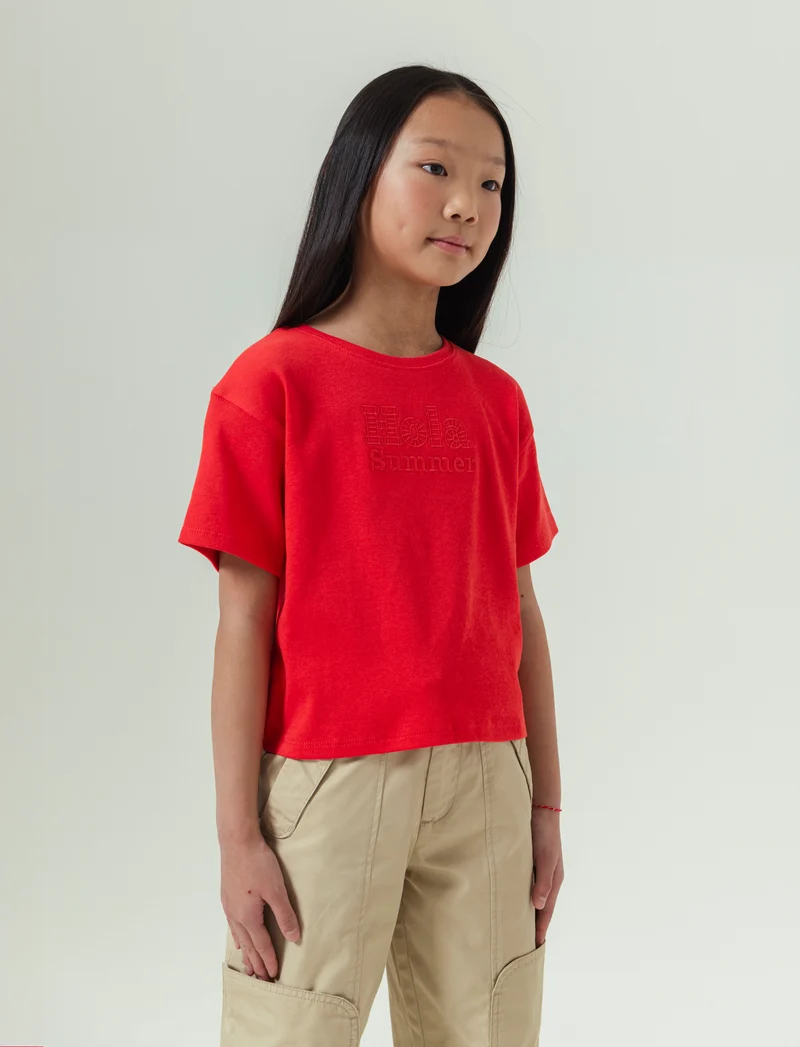 T-shirt con ricamo da bambina - Rosso
