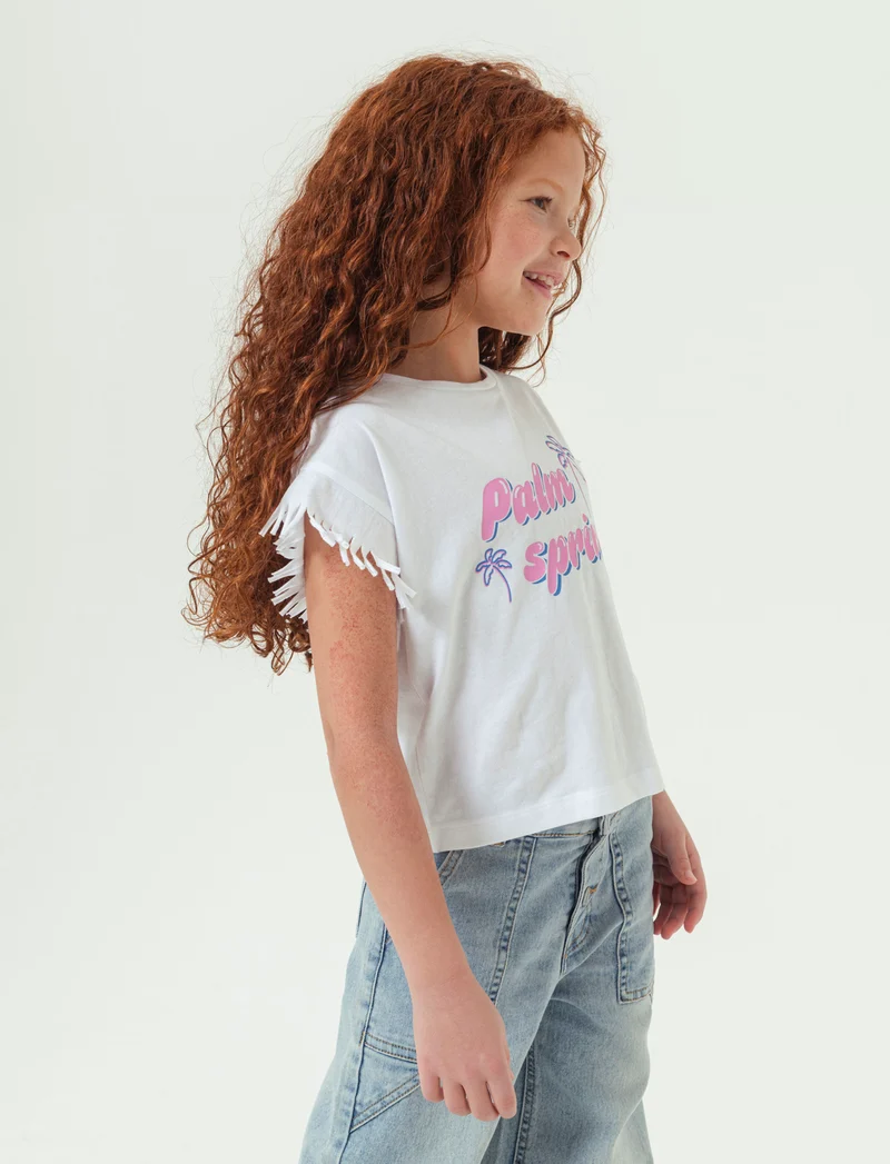 T-shirt mezza manica con frange da bambina - Bianco